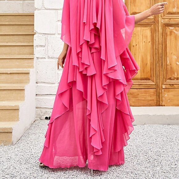 Hot Pink Casual Womens Ruffle Trim Batwing Sleeve Chiffon Dress - Picture 2 of 5